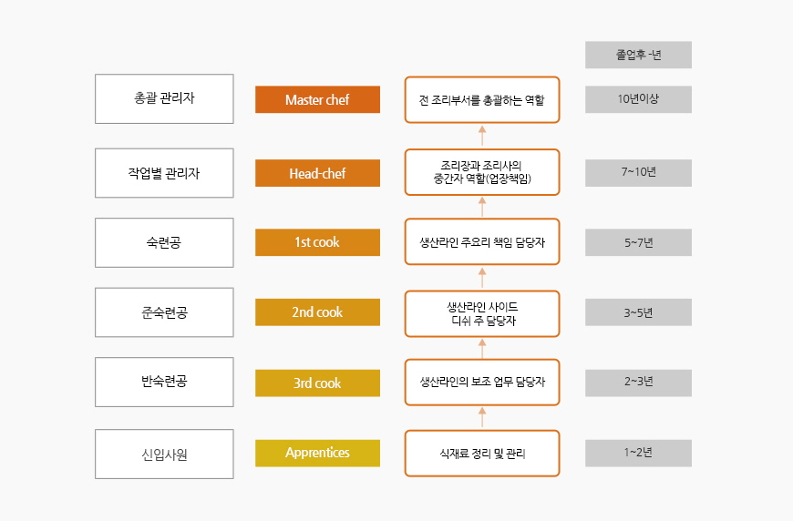졸업 후 1~2년 / 신입사원 / Apprentices / 식재료 정리 및 관리 / 졸업 후 2~3년 / 반숙련공 / 3rd cook / 생산라인의 보조 업무 담당자 / 졸업 후 3~5년 / 준숙련공 / 2rd cook / 생산라인 사이드 디쉬 주 담당자 / 졸업 후 5~7년 / 숙련공 / 1st cook / 생산라인 주요리 책임 담당자 / 졸업 후 7~10년 / 작업별 관리자 / Head chef / 조리장과 조리사의 중간자 역할(업장책임) / 졸업 후 10년 이상 / 총괄 관리자 / Master chef / 전 조리부서를 총괄하는 역할